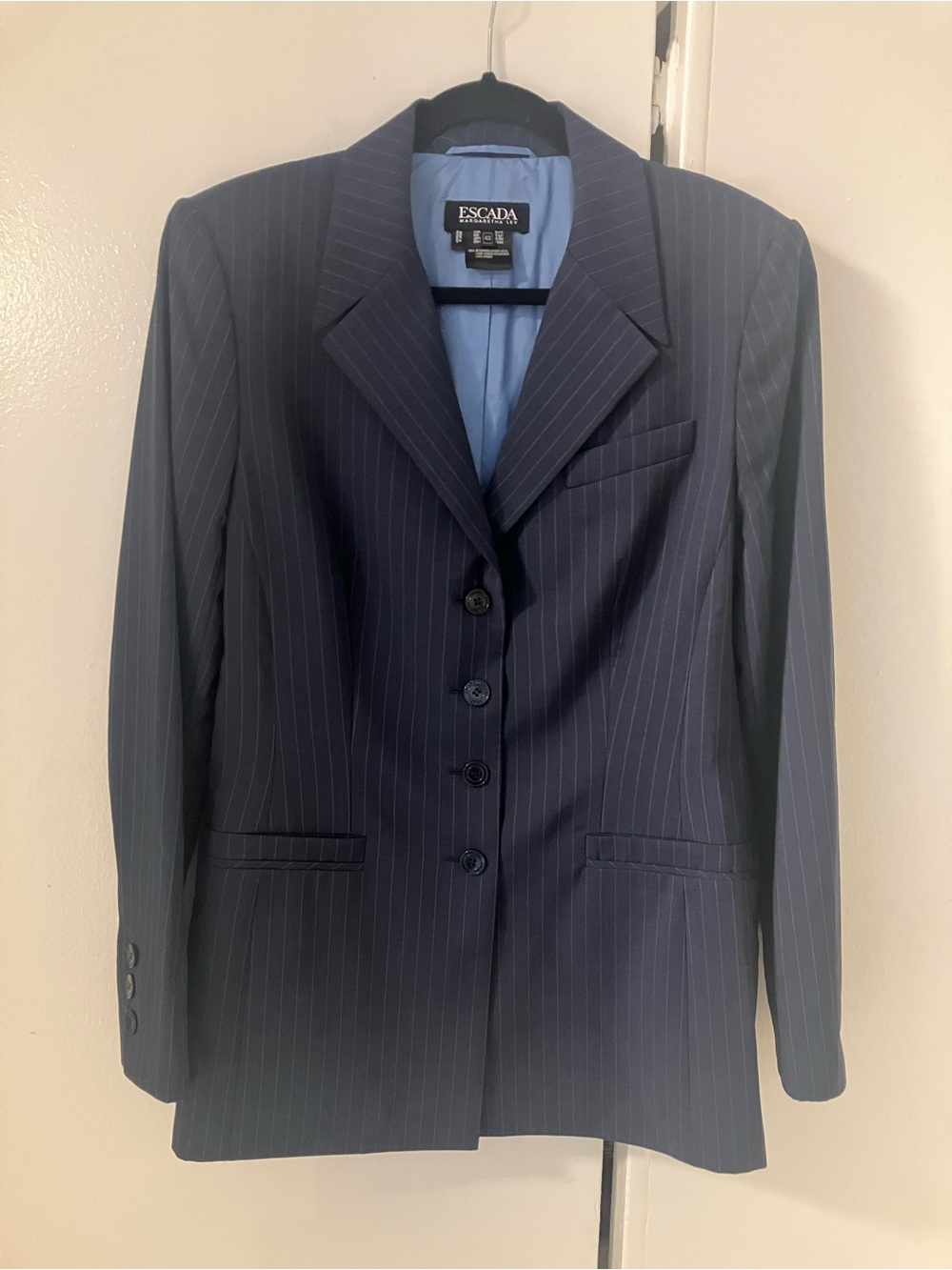 Escada Margaretha Ley Vintage Blue Pinstripe Wool Fitted Jacket Blazer Sz 42 12.